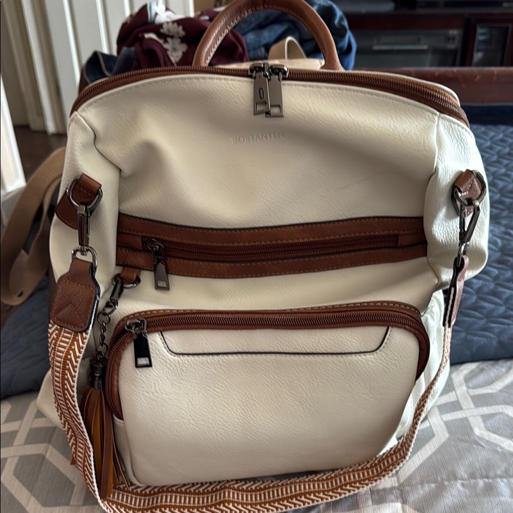 White and Brown Leather Backpack
